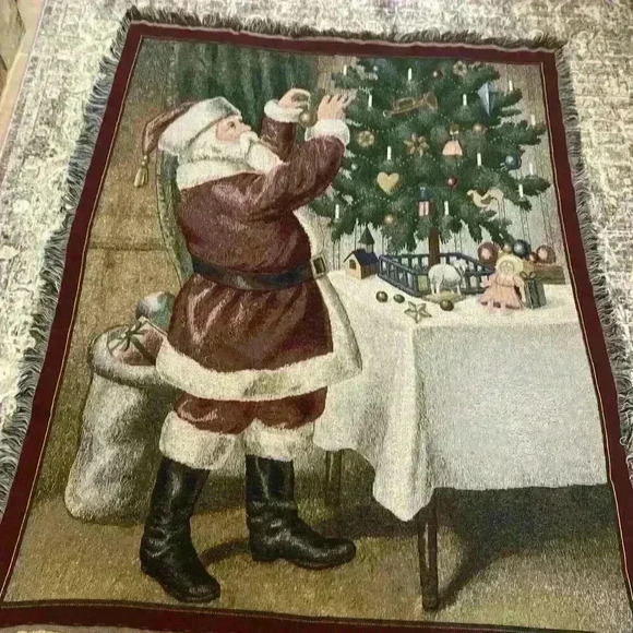 Christmas Holiday Fringe Throw Blanket Tapestry Santa VINTAGE Matching Pillow - Picture 5 of 5